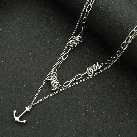 Collana Doppio Strato in Acciaio al Titanio Stile Industriale Catena O Cubana Argento Ciondolo Ancora Gioielli Multistrato