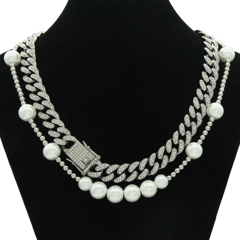 Iced Out Cuban Link Chain And Artificial Pearl Necklace Set Hip Hop Rhinestone Inlaid Double Layer Clavicle Chain Jewelry