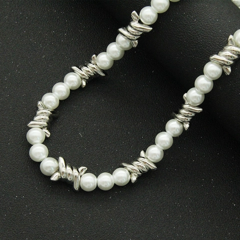 Punk Rock Spliced Artificial Pearl Thorn Necklace Silver Alloy Barbwire Chain Choker For Women Men Hip Hop Jewelry