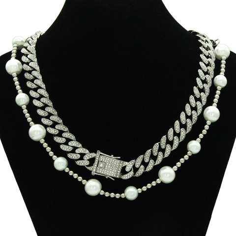 Iced Out Cuban Link Chain And Artificial Pearl Necklace Set Hip Hop Rhinestone Inlaid Double Layer Clavicle Chain Jewelry
