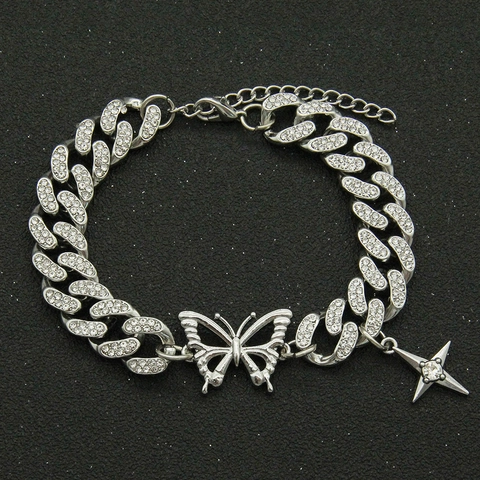 Hip Hop Panzerkette Schmetterling Armband Für Damen Herren Strass Legierung Verstellbare Kette Streetwear Schmuck Geschenk