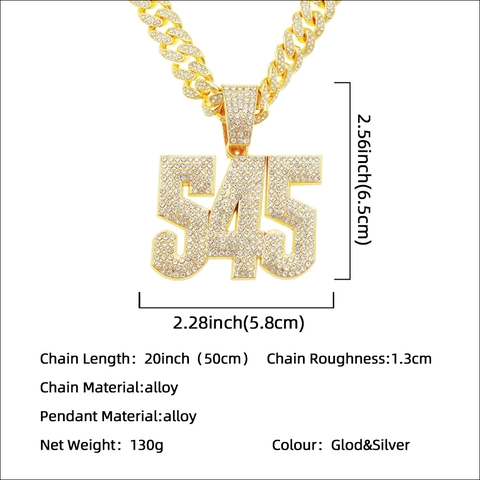 Collana con Pendente Numero 545 Hip Hop Iced Out per Uomo Lega Strass Catena Cubana 3D Bling Gioielli Streetwear Discoteca