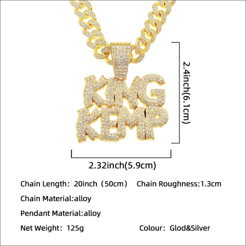 Collana con Pendente a Lettera King Kemp in Lega di Strass Hip Hop da Uomo Catena a Maglia Cubana Placcata Oro Argento Gioielli Punk Streetwear