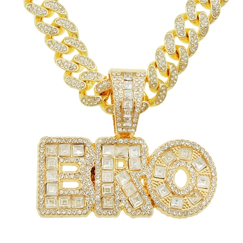 Hip Hop Iced Out BRO Letter Pendant Necklace For Men Women Gold Silver Color Alloy Cuban Link Chain Rhinestone Pave Jewelry