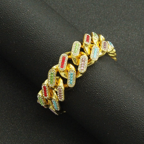 Bracciale Cuban Link Iced Out Rhinestone Lega Di Zinco Cristallo Colorato Hip Hop Streetwear Punk Per Uomini