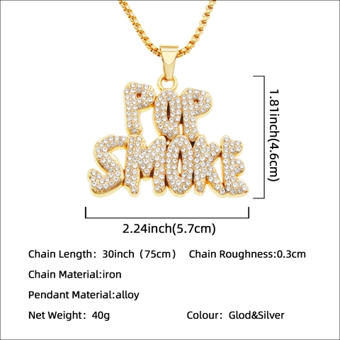 Collar de Hip Hop con Colgante de Letra Pop Smoke de Aleación y Diamantes de Imitación para Hombre Oro Plata Cadena de Caja Joyería