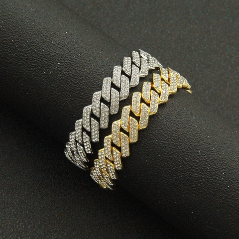 Pulsera de Eslabones Cubanos de 13mm Hip Hop Para Hombres Mujeres Pulsera de Cadena de Aleación con Diamantes de Imitación Joyería de Moda Oro Plata Oro Rosa