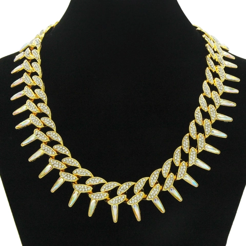Collana da Uomo Hip Hop Catena Cubana con Punte Lega Arcobaleno Strass Pave Punk Choker Gioielli Streetwear