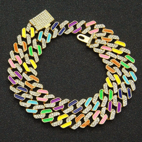Collana a Maglia Cubana Colorata Arcobaleno Hip Hop per Uomo Donna Gioielli Choker Punk Rock in Lega Con Strass Iced Out