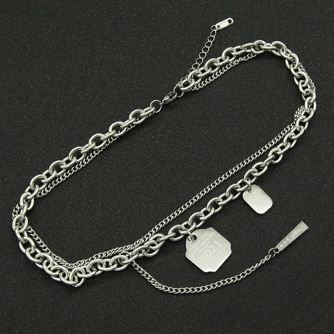 Unisex Titanium Steel Double Layer Choker Necklace Industrial Style Dog Tag Pendant Layered Hip Hop Street Jewelry Silver