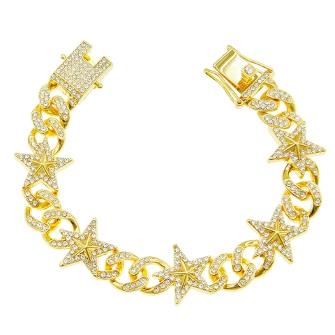 Pulsera Hip Hop Hombre Estrella Aleación Cuban Link Diamantes De Imitación Pave Cadena Joyería Streetwear Color Oro Plata