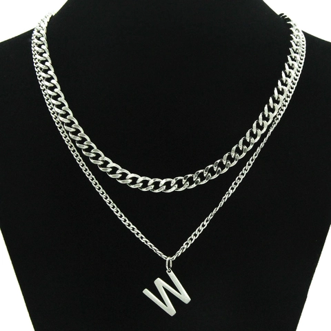 Ins Stijl Dubbele Laag Roestvrij Staal W Letter Hanger Halsketting Hip Hop Punk Cubaanse Ketting Choker Voor Dames Heren Sieraden
