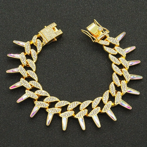 Hip Hop Men Full Rhinestone Alloy Cuban Link Bracelet With Iridescent Spikes Iced Out Punk Jewelry