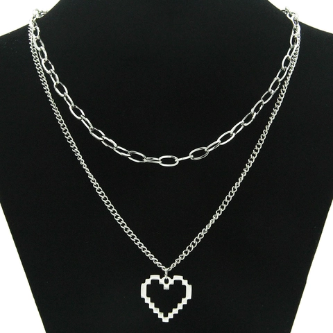 Collar De Acero De Titanio Doble Capa Colgante Corazón Píxel Collar En Capas Cadena De Clip Corazón Calado Joyería Street Para Mujer