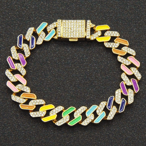 Bracciale Catena Cubana Iced Out Smalto Arcobaleno Lega Strass Gioielli Hip Hop Street Style Per Uomo Donna Trendy