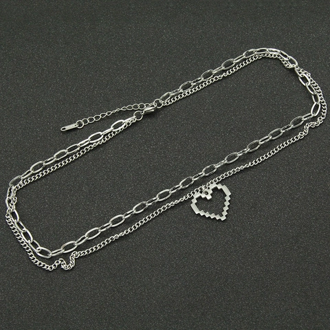 Doppelschichtige Edelstahl Halskette Mit Hohl Pixel Herz Anhänger Silber Büroklammer Schlüsselbein Schmuck Damen Herren