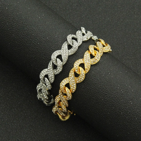 Bracciale Hip Hop Uomo Maglia Cubana con Strass Lega Forma di Infinito Gioielli Oro Argento Moda Street Style Bracciale