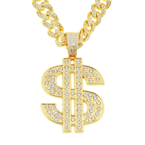 Heren Hip Hop Iced Out Dollar-teken Hanger Halsketting Legering Strass Cubaanse Schakelketting Goud Zilver Bling Sieraden