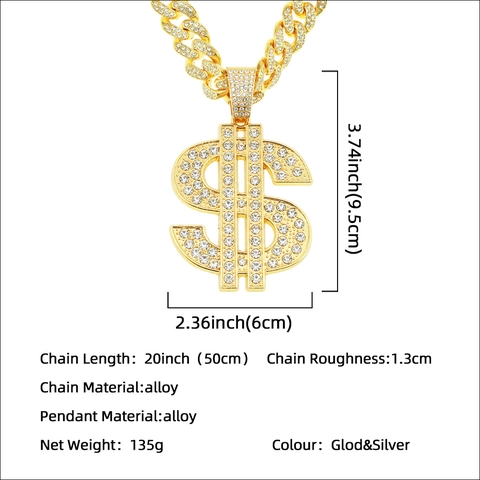 Collar con Colgante de Signo de Dólar Hip Hop Iced Out para Hombre Bling Strass Aleación Cadena Cubana Oro Plata Punk Joyería