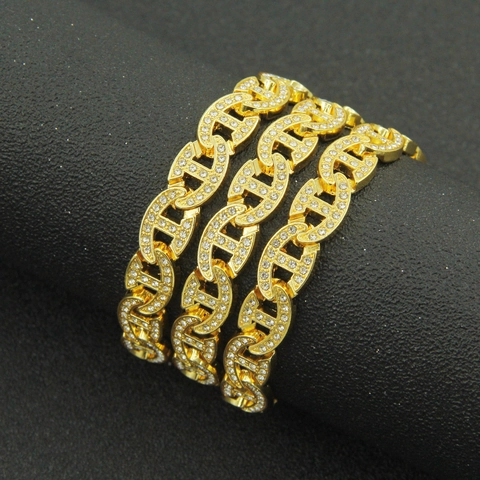 Hip Hop Iced Out Mariner Link Cuban Chain Necklace Bracelet Gold Silver Color Alloy Rhinestone Luxurious Jewelry For Men Women