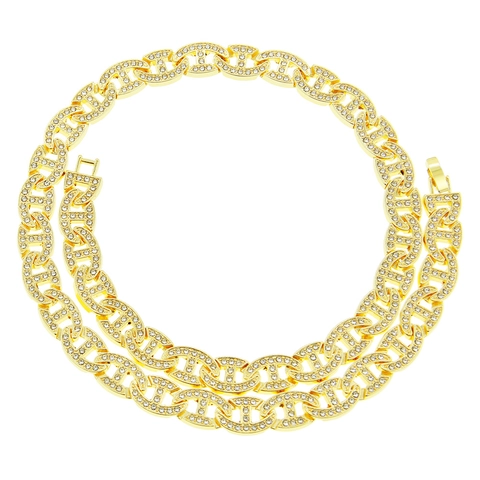 Hip Hop Iced Out Mariner Link Cuban Chain Necklace Bracelet Gold Silver Color Alloy Rhinestone Luxurious Jewelry For Men Women