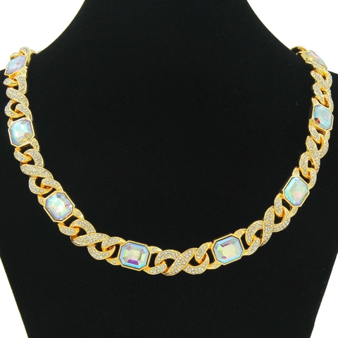 Set Collana Bracciale Maglia Cubana Hip Hop Iced Out Con Strass Rettangolari Colorati AB Simbolo Infinito Lega Gioielli