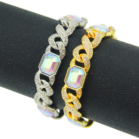 Hip Hop Cuban Link Bracelet Alloy Rhinestone Inlaid AB Color Rainbow Stone Rectangular Personalized Men Bangle Jewelry