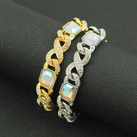 Hip Hop Cuban Link Bracelet Alloy Rhinestone Inlaid AB Color Rainbow Stone Rectangular Personalized Men Bangle Jewelry