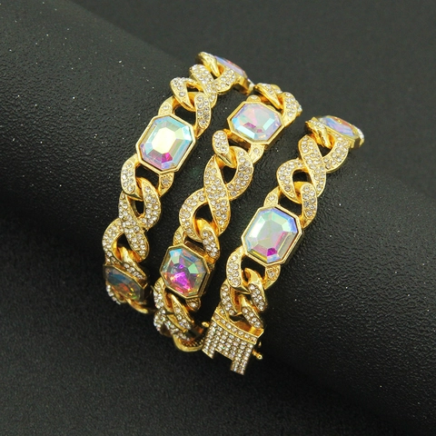Hip Hop Collana Bracciale Maglia Cubana da Uomo in Lega Strass Fibbia Infinito Pietra Quadrata Iridescente Colore AB Gioielli