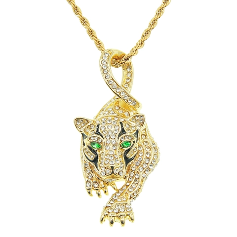 Collana Con Pendente a Testa di Tigre Hip Hop Iced Out in Lega Acciaio Inossidabile Strass Animale Occhi Verdi Catena a Corda