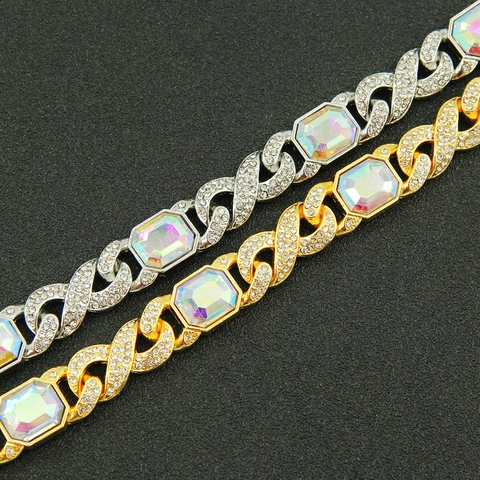 Hip Hop Cuban Link Bracelet Alloy Rhinestones Rectangular AB Stone Figure Eight Clasp Iced Out Streetwear For Men