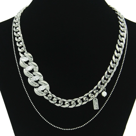 Collana a Doppio Strato Catena Cubana e Perline Placcata Argento Ferro Rame Con Pendente Perla Artificiale Strass Gioielli da Donna