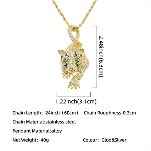 Collana Con Pendente a Testa di Tigre Hip Hop Iced Out in Lega Acciaio Inossidabile Strass Animale Occhi Verdi Catena a Corda