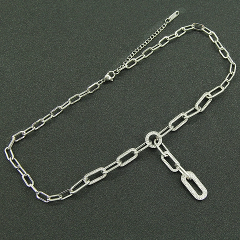 Elegant Alloy Rhinestone Y-Shaped Paperclip Chain Necklace For Women Fashion Silver Tone Inlaid Stone Long Sweater Chain