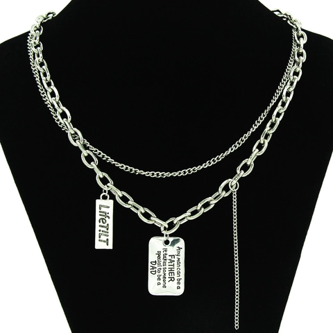 Punk Style Alloy Double Layer Necklace With Engraved LifeTILT Dog Tag And Father Quote Pendant For Unisex Jewelry Gift