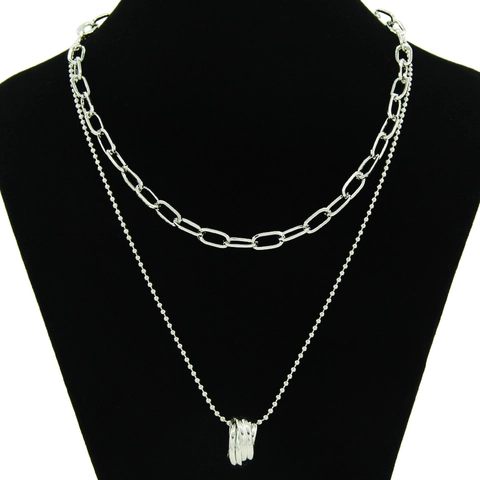 Zilveren Dubbellaagse Halskette Met Geometrische Ringhanger Strass Paperclip Ketting Kogelketting Dames Sieraden