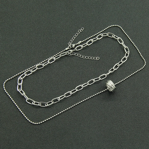 Zilveren Dubbellaagse Halskette Met Geometrische Ringhanger Strass Paperclip Ketting Kogelketting Dames Sieraden