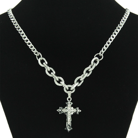 Punk Titanium Steel Cross Pendant Necklace For Women Men Alloy Rhinestone Inlaid Hip Hop Streetwear Fashion Jewelry Gift