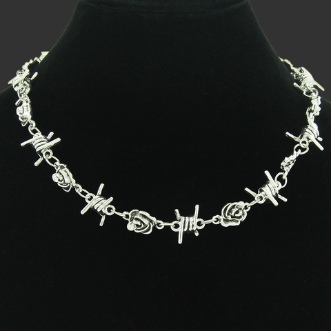 Gothic Barbed Wire Thorn Rose Necklace For Women Vintage Punk Silver Color Alloy Chain Choker Fashion Jewelry Accessory Gift