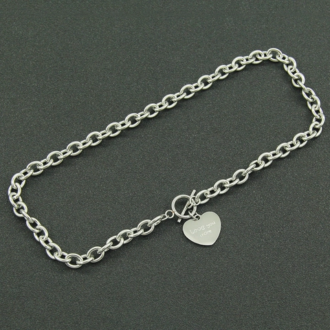 Edelstahl Herz Anhänger Halskette Für Damen Silberfarben Graviert Love You More Knebelverschluss Grobe O-Kette Punk Schmuck