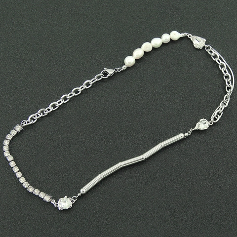 Collana in Acciaio al Titanio con Perle Naturali e Strass Elegante Catena Cubana con Pendente per Donna Gioielli di Moda