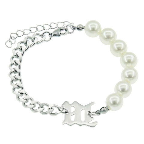 Titanium Staal Gespleten Cubaanse Ketting Armband Met Kunstparel Gotische Letter M Hanger Hip Hop Punk Sieraden Voor Dames Heren