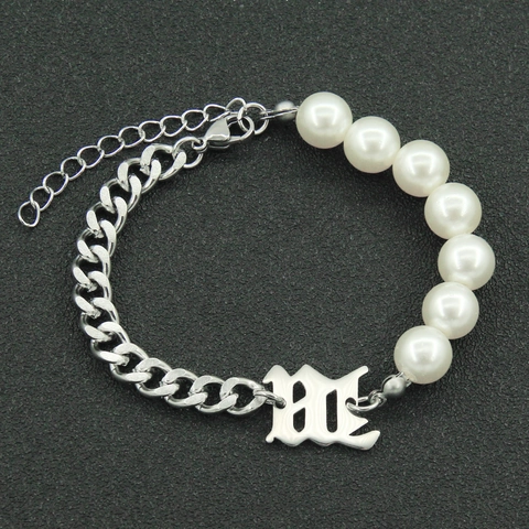 Pulsera Hip Hop de Hombre de Acero de Titanio con Colgante de Letra Gótica y Perla Artificial Cadena de Eslabones Joyería