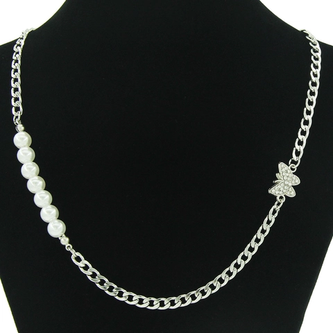 Hip Hop Titanstahl Panzerkette Schmetterling Anhänger Halskette Für Damen Spleißen Künstliche Perle Strass Schmuck