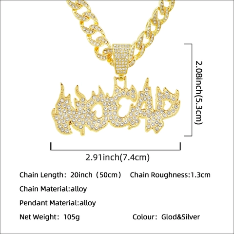 Collana con Pendente Lettera a Fiamma Hip Hop Iced Out per Uomo Lega Strass Catena a Maglie Cubane Gioielli Punk