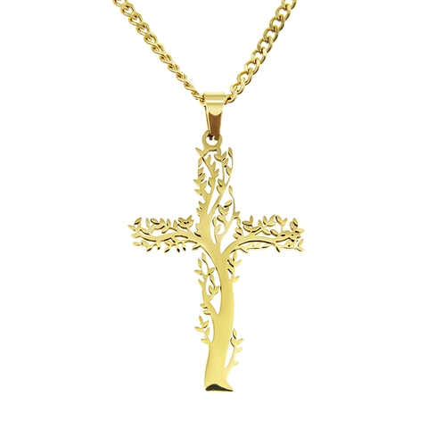 Vintage Hip Hop Stainless Steel Tree Of Life Cross Pendant Necklace Minimalist Cuban Chain Jewelry For Men Women Daily Accessory