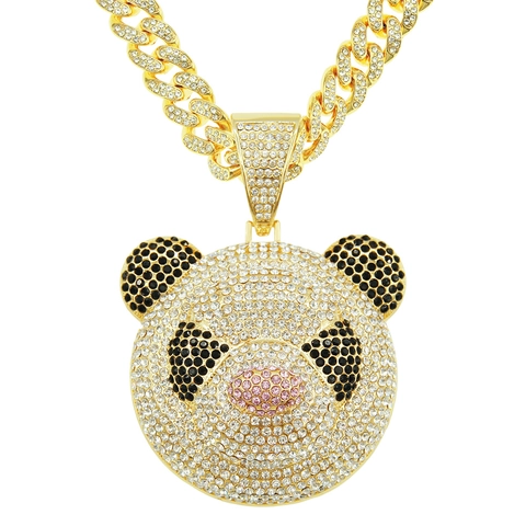 Collana con Pendente Testa di Panda Hip Hop Iced Out Interamente in Strass Lega Oro Argento Catena Cubana Gioielli Uomo