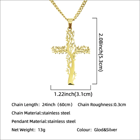 Vintage Hip Hop Stainless Steel Tree Of Life Cross Pendant Necklace Minimalist Cuban Chain Jewelry For Men Women Daily Accessory
