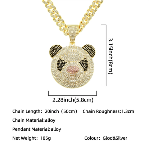 Collana con Pendente Testa di Panda Hip Hop Iced Out Interamente in Strass Lega Oro Argento Catena Cubana Gioielli Uomo