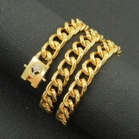 Men Hip Hop Cuban Link Chain Necklace Bracelet Gold Silver Plated Iron Zinc Alloy Rhinestone Alien Head Clasp Jewelry